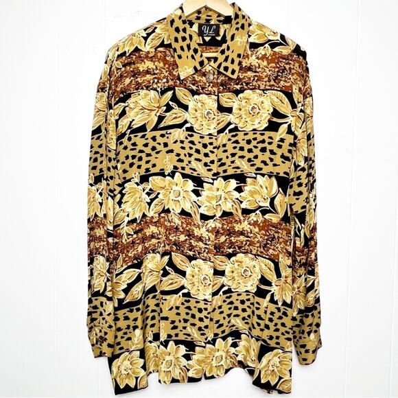 Vintage JL Studio Silk Black & Tan Animal Print Floral  Blouse Women's Size 12 - Picture 1 of 11
